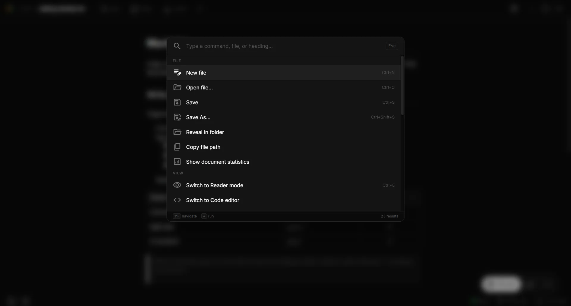 MarkLite command palette listing New file, Open, Save, Reveal in folder, and mode-switch commands