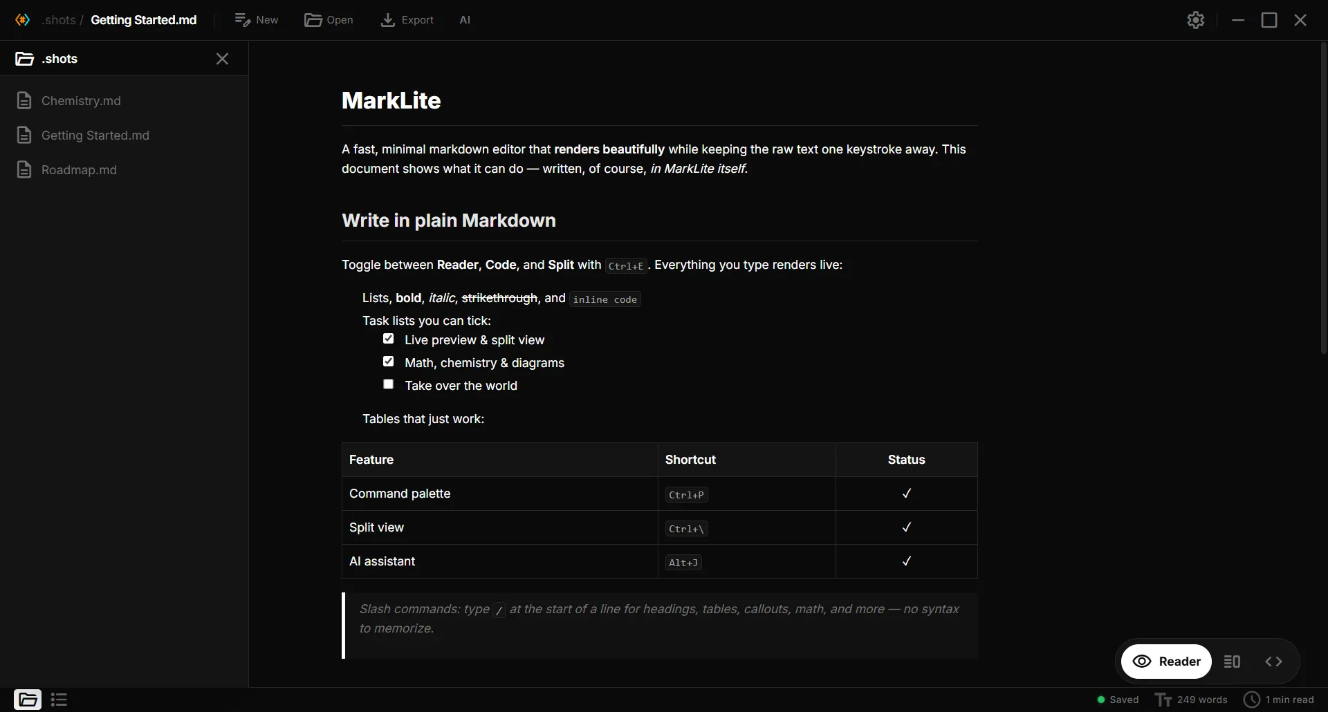 MarkLite file explorer showing a folder of Markdown notes beside the rendered reader view