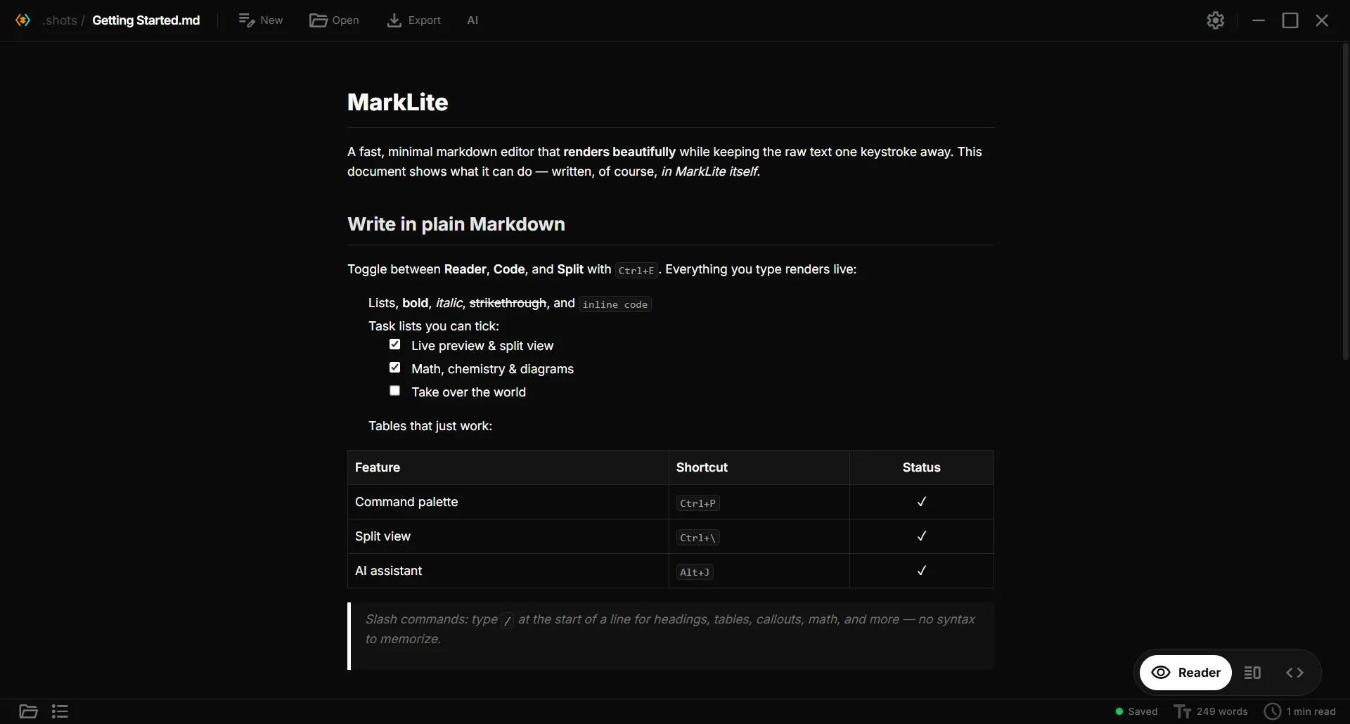 MarkLite Dark theme rendering a Markdown document