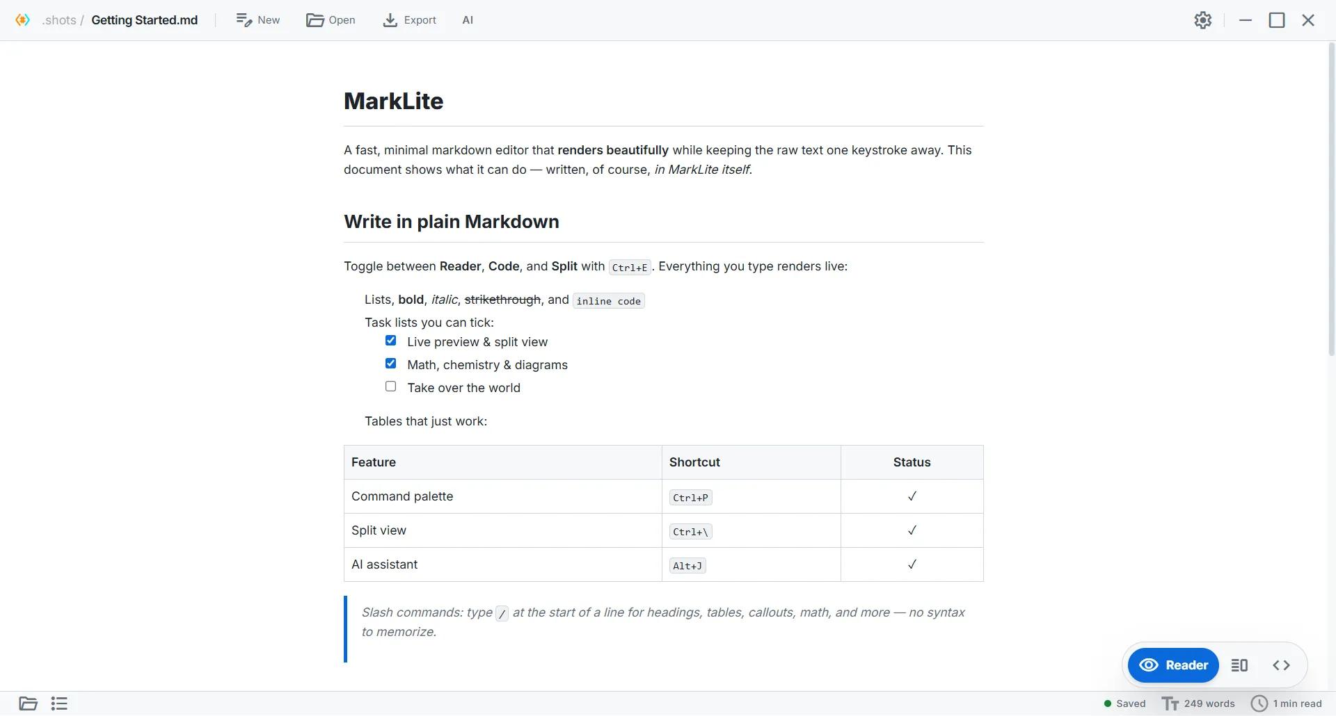MarkLite GitHub theme rendering a Markdown document