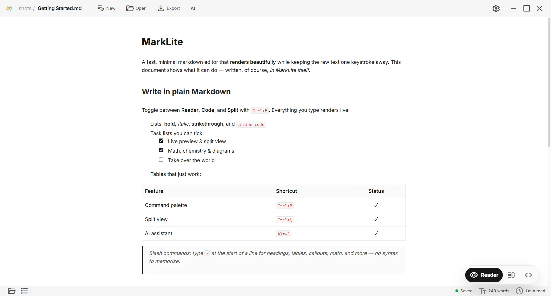 MarkLite Light theme rendering a Markdown document