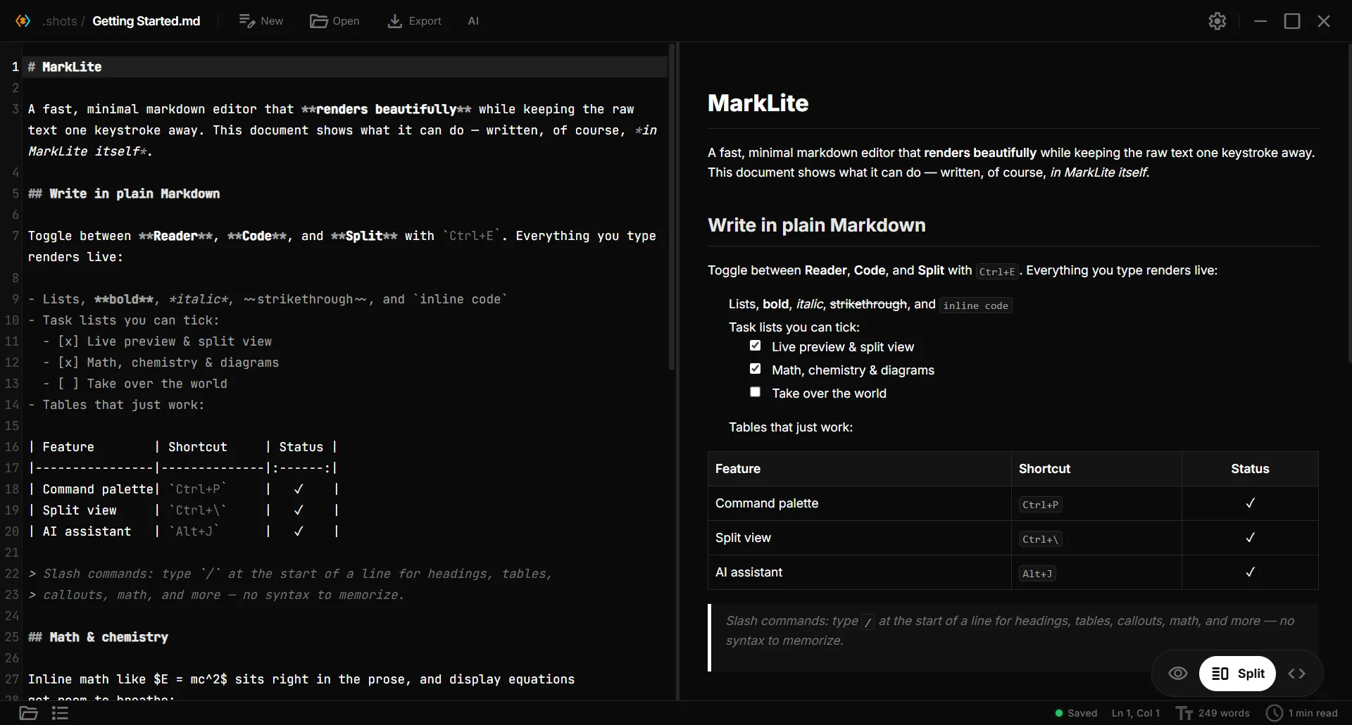 MarkLite in split view: syntax-highlighted Markdown source on the left, live-rendered preview with a table, task list and callout on the right