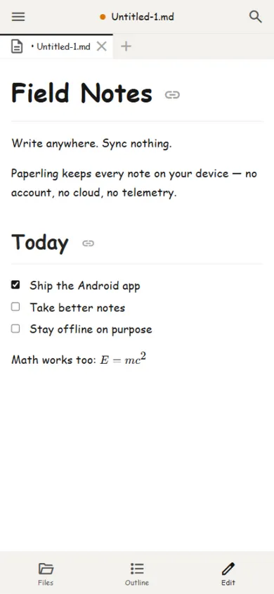 Paperling on Android: a note in Reader mode with headings, a task list and inline math