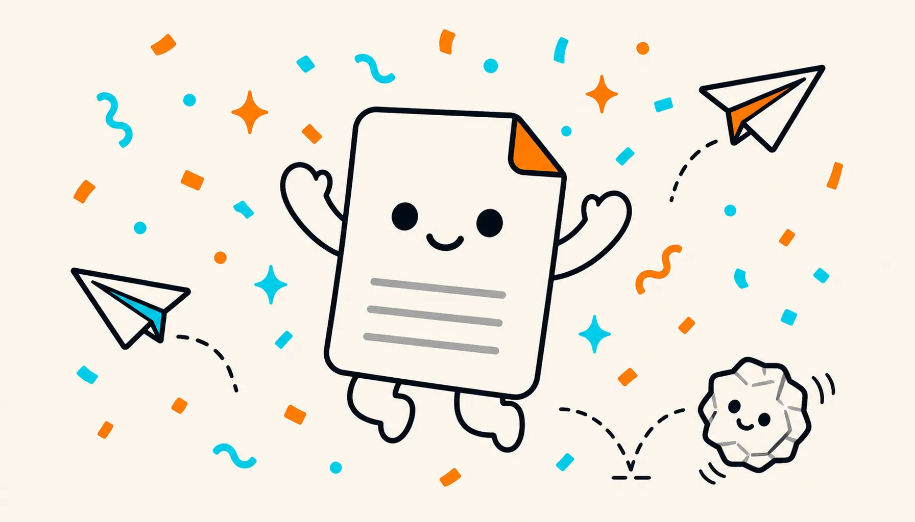The Paperling mascot jumping with confetti and paper planes