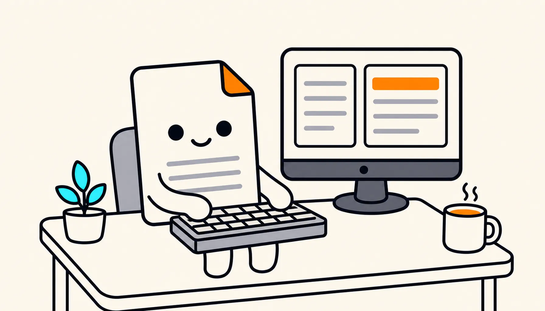Illustration of the Paperling mascot typing at a cozy desk with a split-view monitor