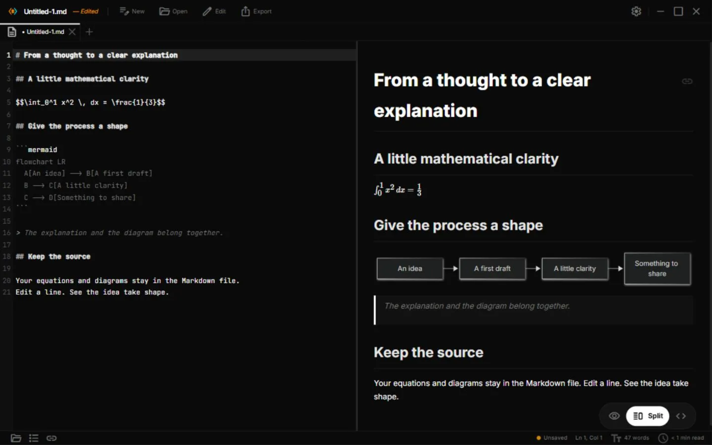 Paperling displaying a mathematical equation and a Mermaid flowchart beside their Markdown source