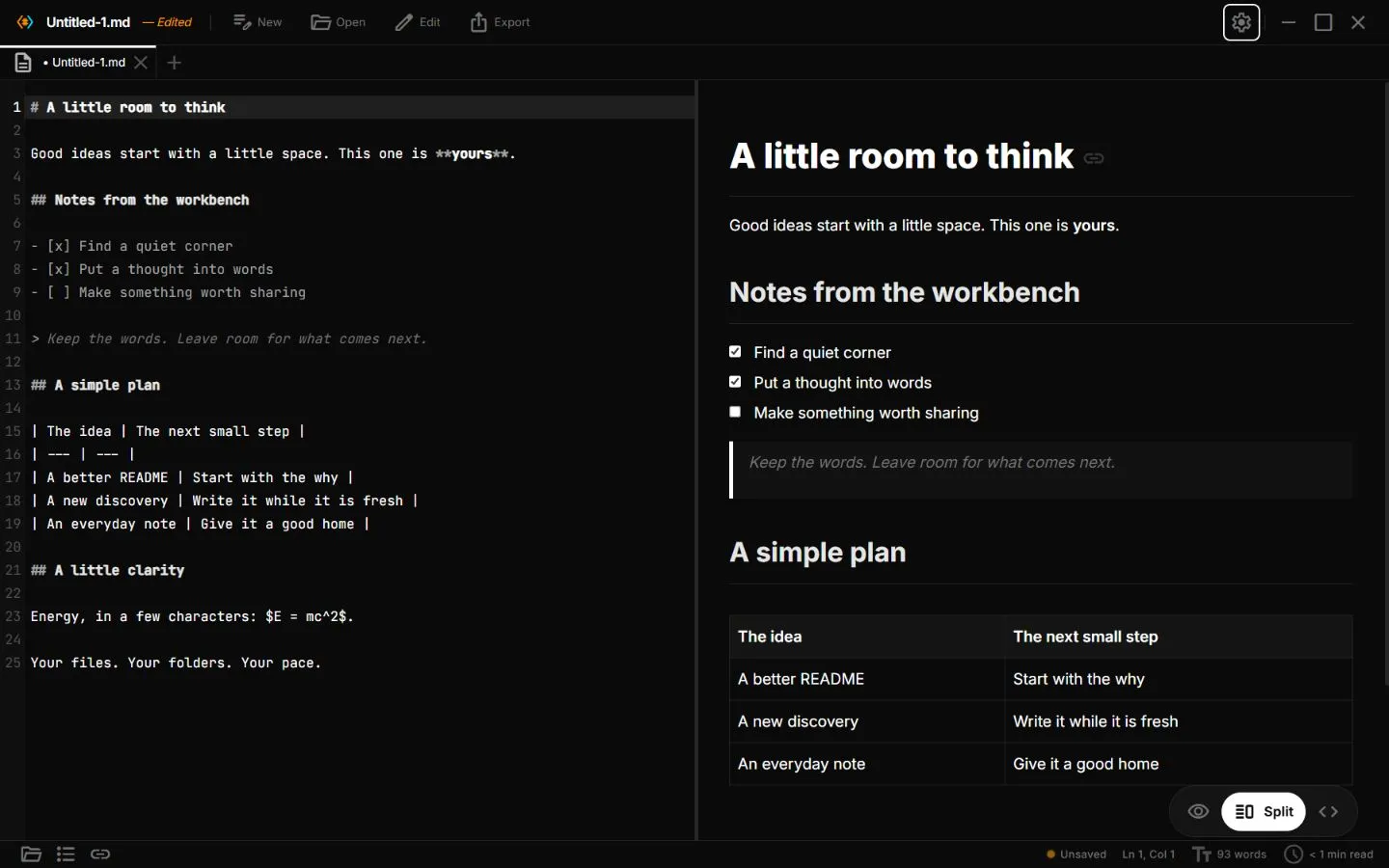 Paperling split view with Markdown source beside a rendered table, task list, and headings