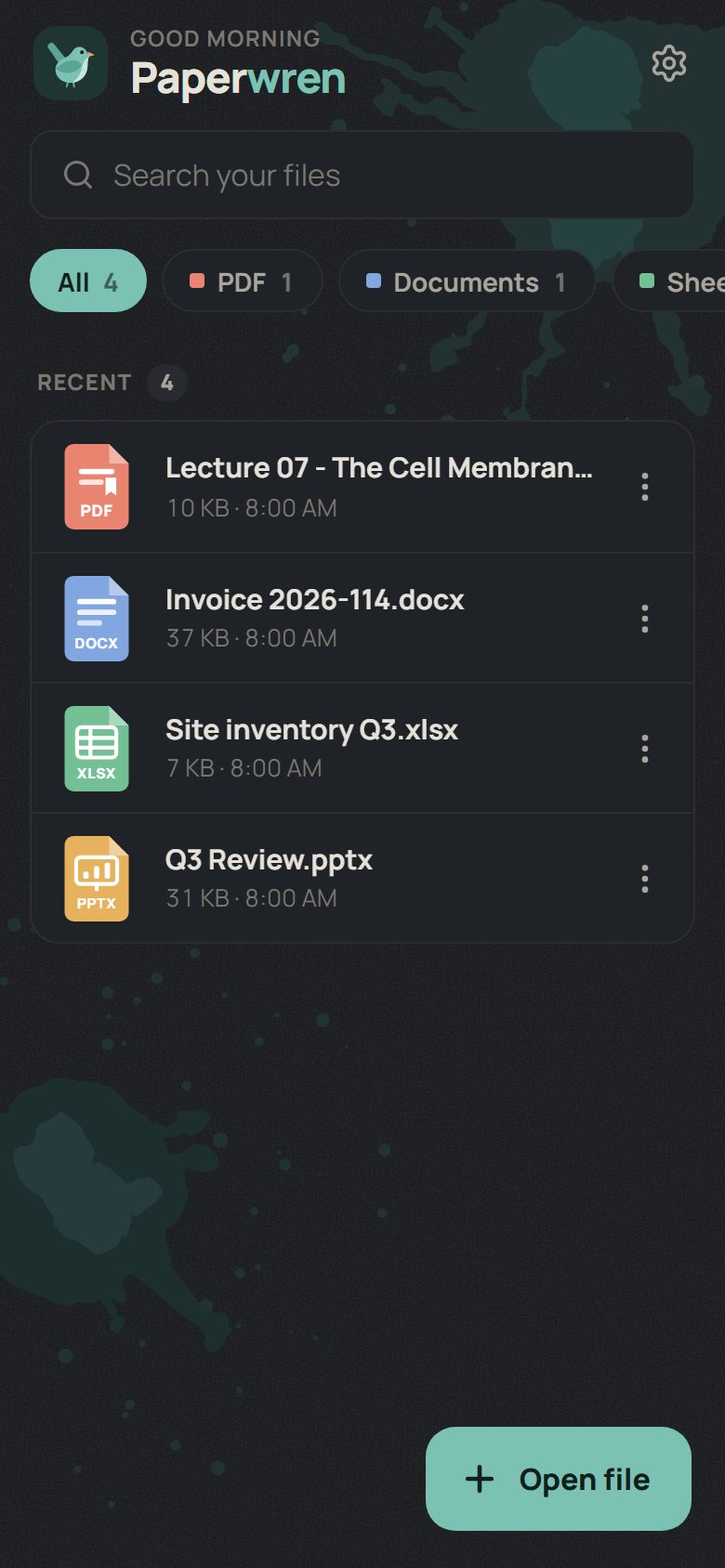 Paperwren in the Ink theme: home screen