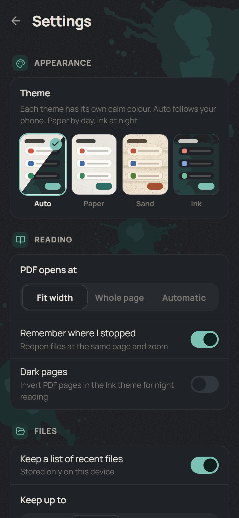Paperwren in the Ink theme: settings with the theme picker