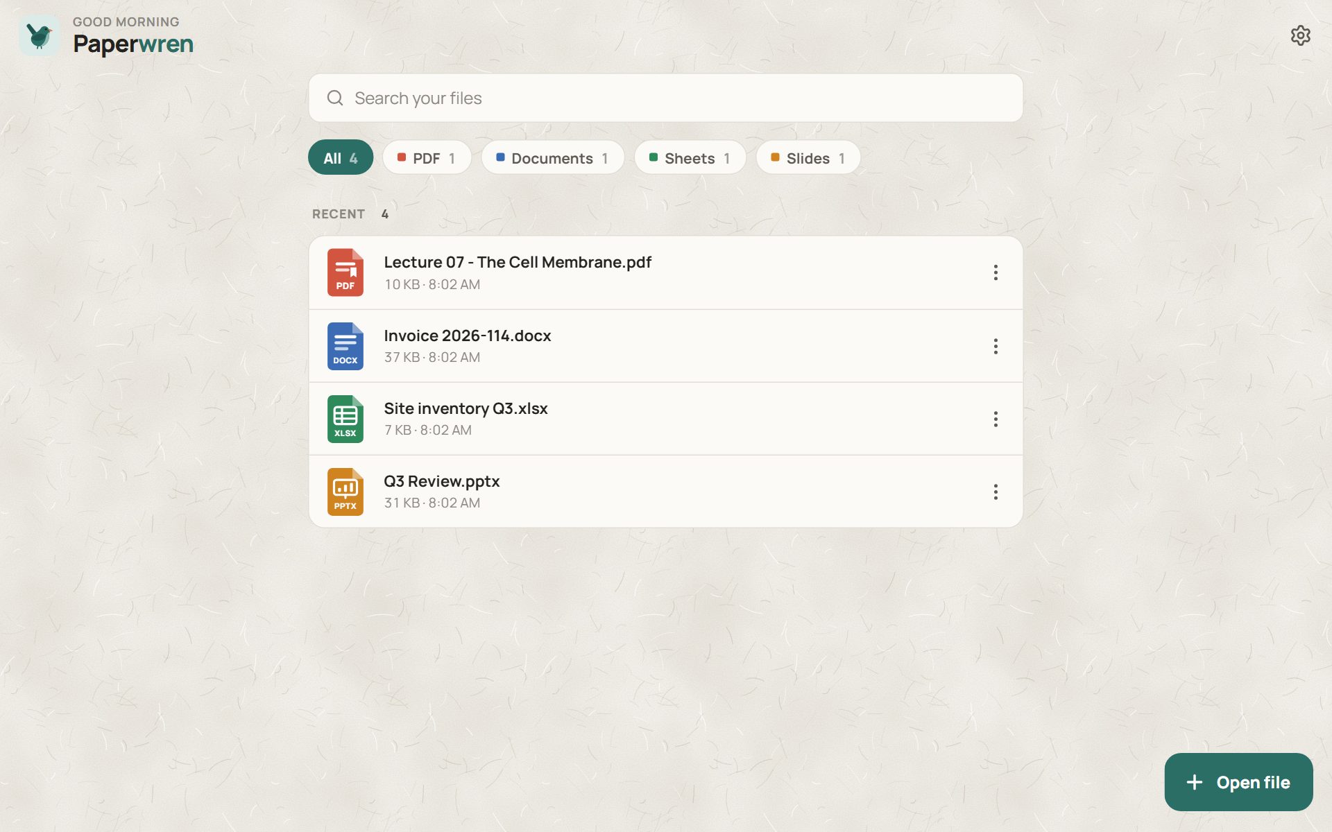 Paperwren on Windows showing recent files with filters for PDF, documents, sheets and slides