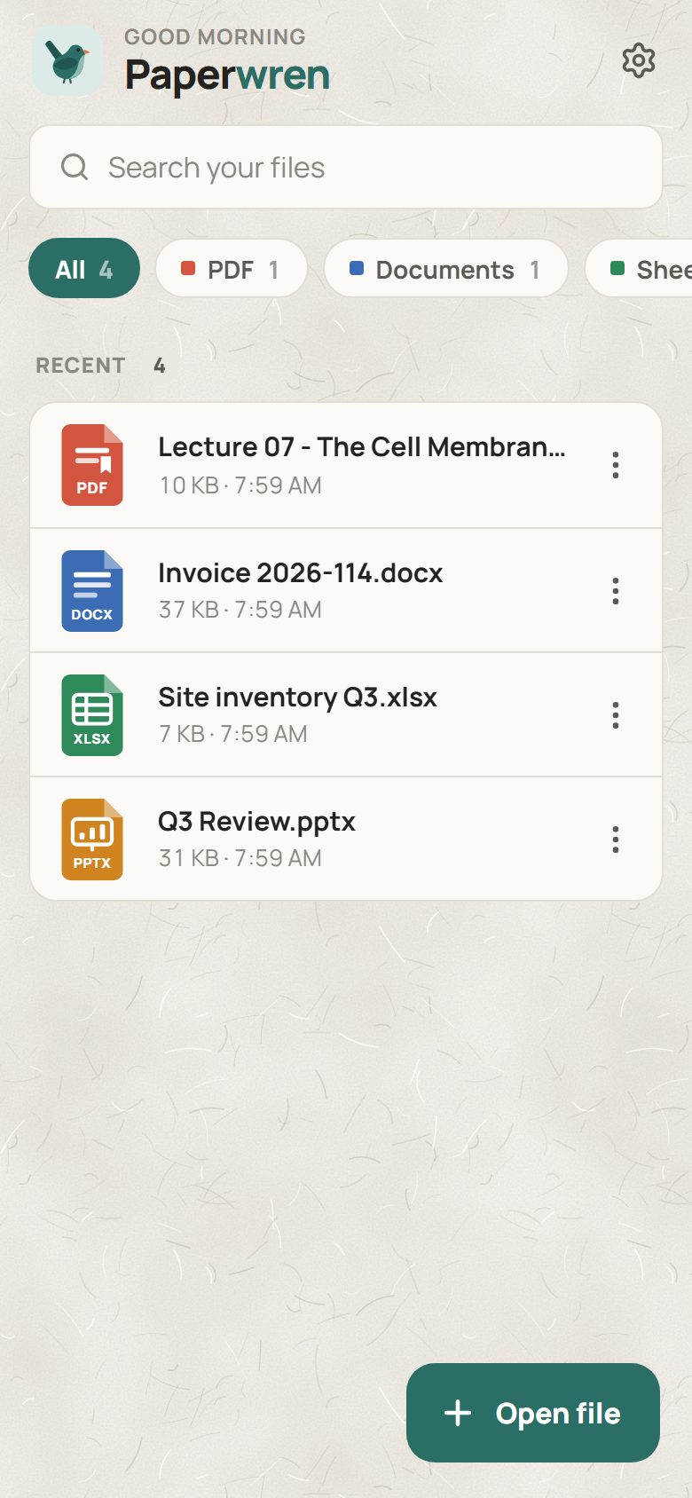 Paperwren in the Paper theme: home screen