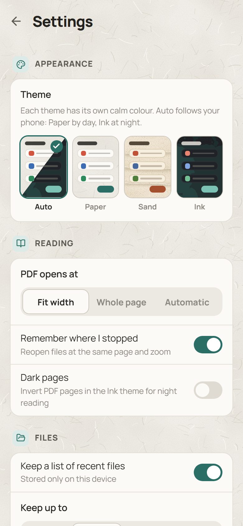 Paperwren in the Paper theme: settings with the theme picker