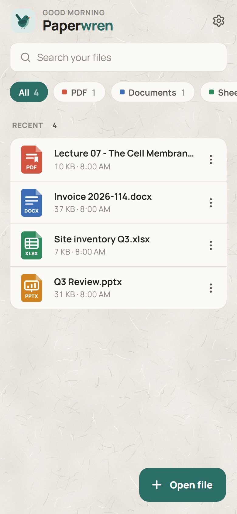 Paperwren in the Sand theme: home screen
