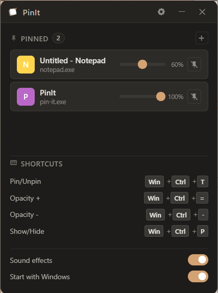 PinIt app keeping a Notepad window on top in Windows with an opacity slider and shortcut list