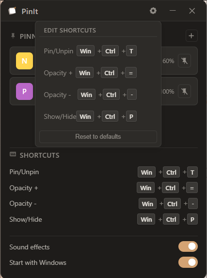 PinIt edit shortcuts panel where you can set your own keys for pin, opacity and show or hide