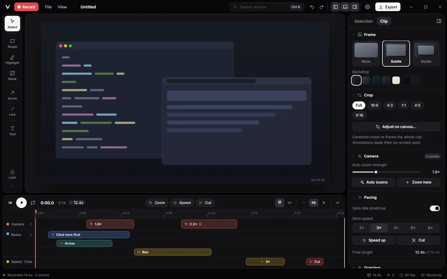 Vuoom video editor showing zoom blocks, annotations and speed controls on the timeline.