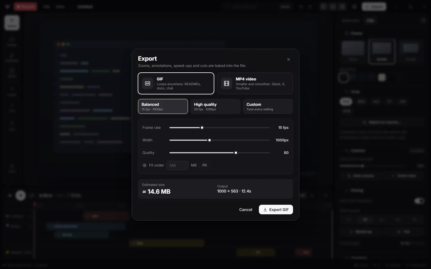Vuoom export settings for GIF and MP4, with file size controls.