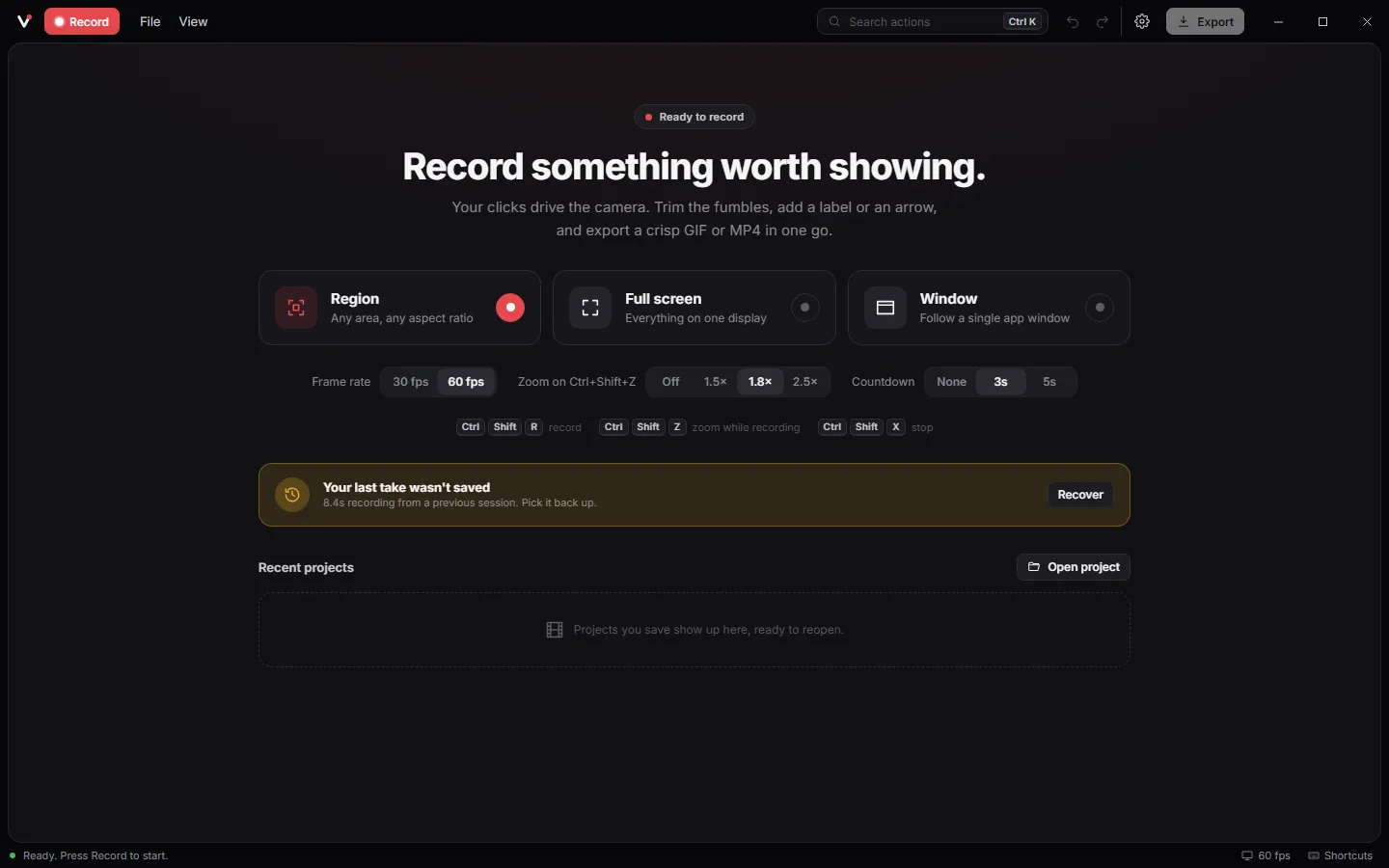 Vuoom's home screen with Region, Full screen and Window options