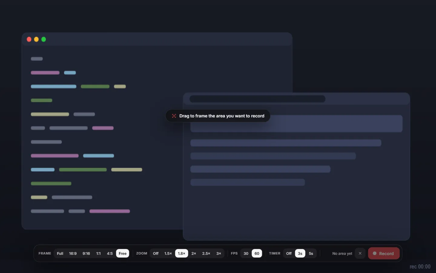 Vuoom recording controls with screen, microphone and webcam options.