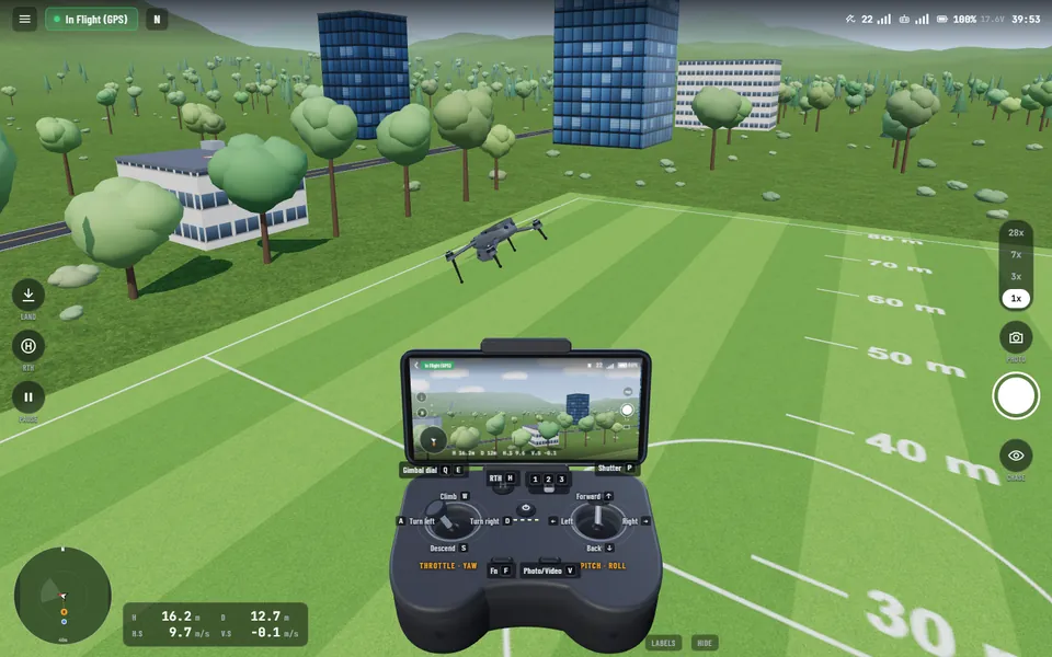 Mavic 3 in flight over the training field in chase view