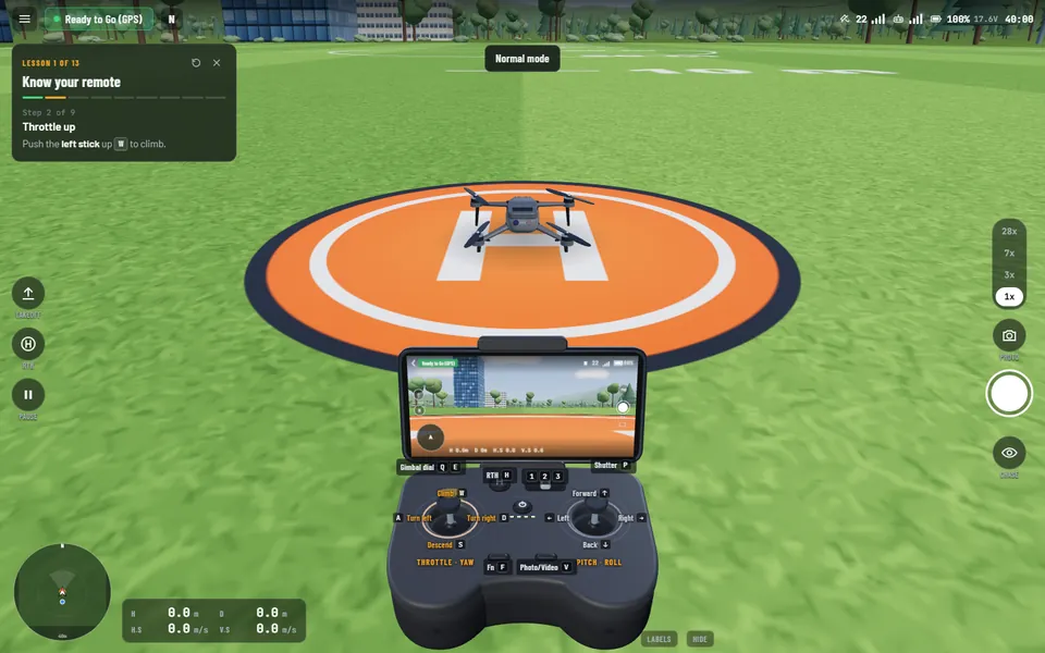 Lesson panel guiding the pilot through the throttle on the 3D RC-N1 remote