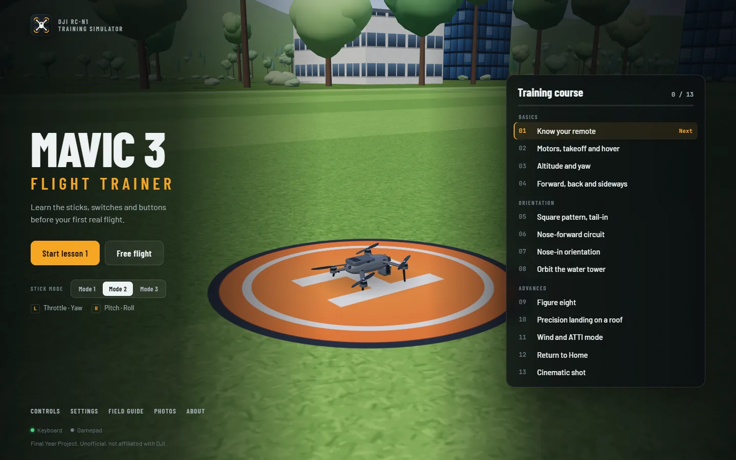 Mavic 3 Flight Trainer start screen with the drone on its landing pad and the 13-lesson training course