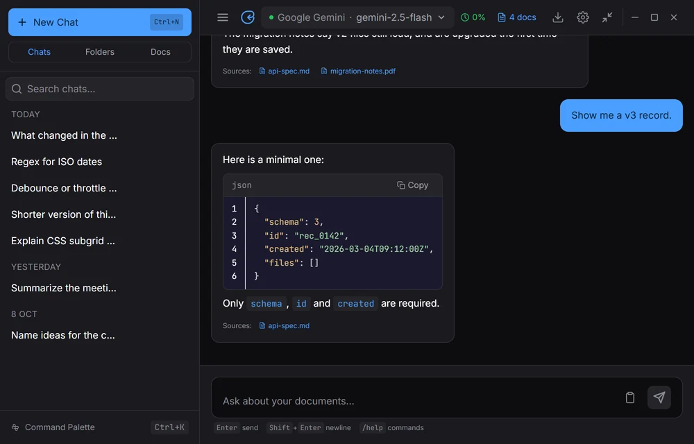 The OmniRecall Dashboard: a sidebar of chats, folders and documents beside a conversation that cites its source files.