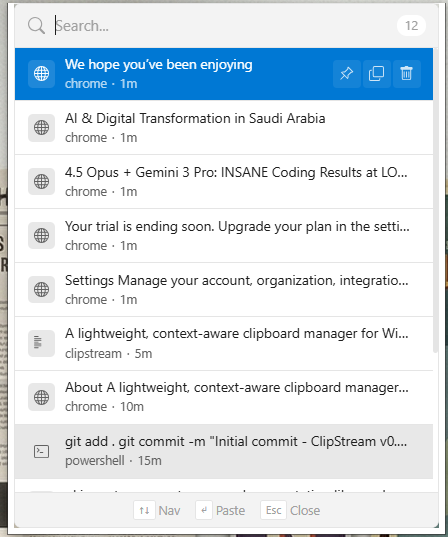 The first version of ClipStream: a search box above a history where each row names the app it was copied from