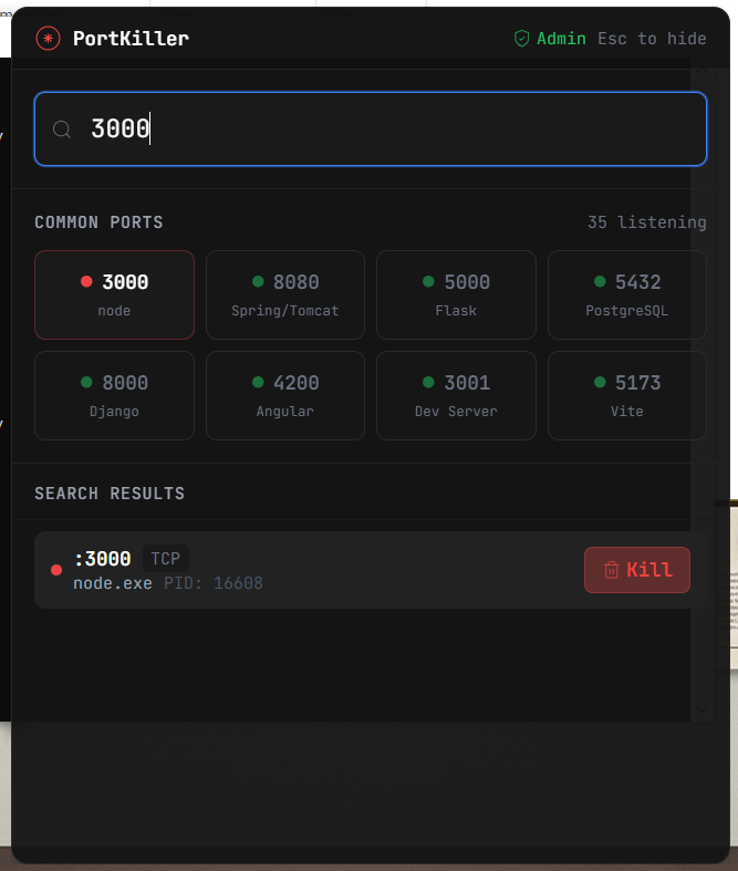 PortKiller after a search for port 3000: one row, node.exe, and a Kill button